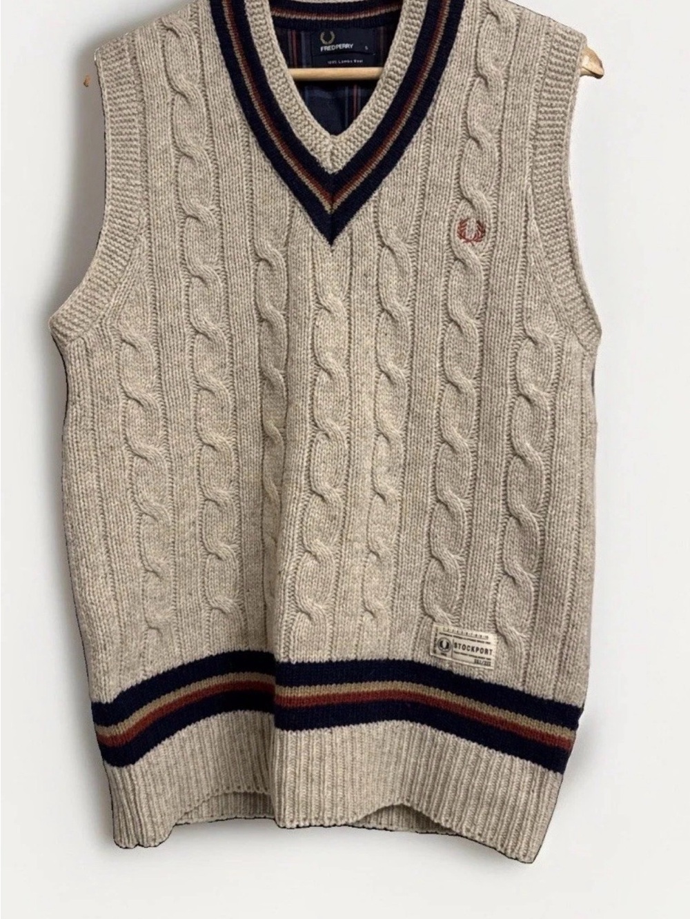 Fred Perry Cable Knit V-Neck Vest in Cream with Navy & Brown Trim lambs wool S